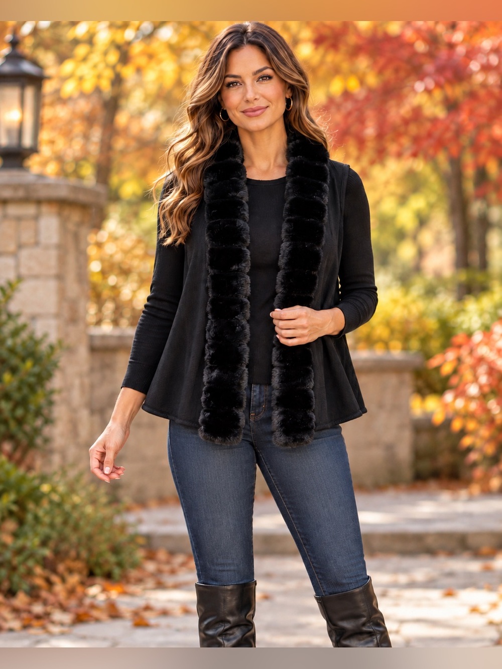 Black Faux Fur Trim Cape Vest Open Front Draped Sleeveless Fall Layering Sample